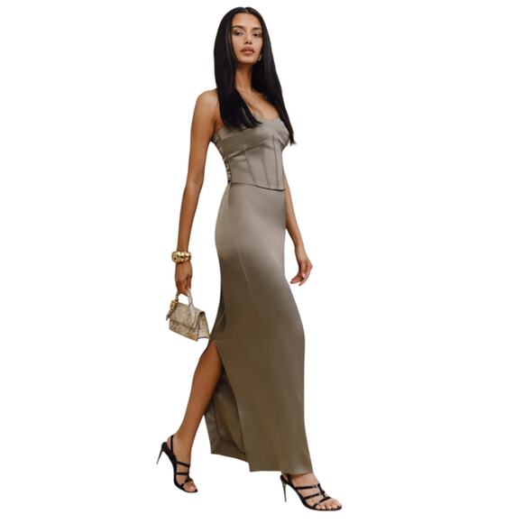 Reformation Aryiah Corset Maxi Dress Satin Strapless Gown Formal Bridal Taupe - Picture 1 of 13